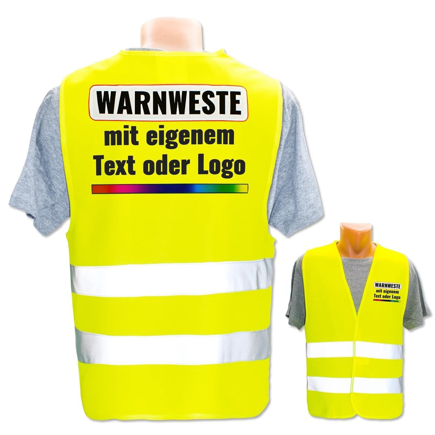 Warnweste Personalisiert mit Text, und Aufdruck mit Logo selbst gestalten.